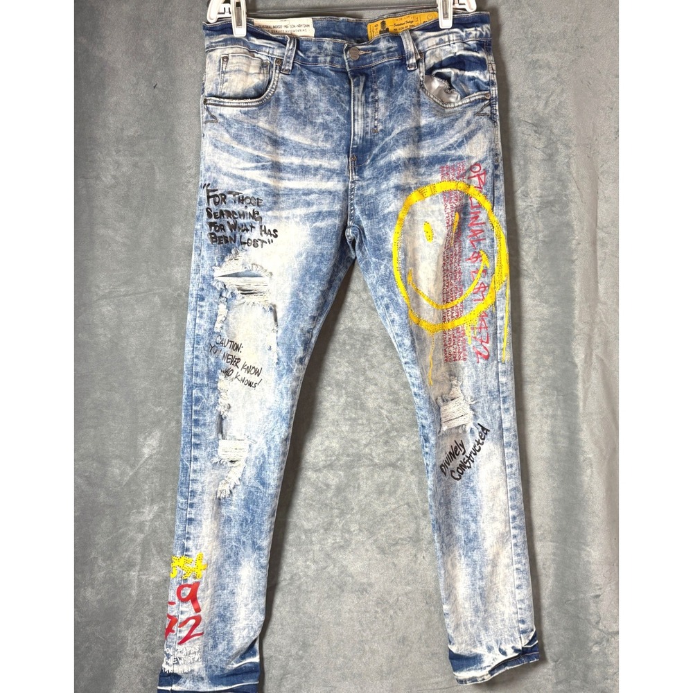 Industrial Indigo Masonry DNM Smiley Graffiti Distressed Acid Wash Jeans 38x34